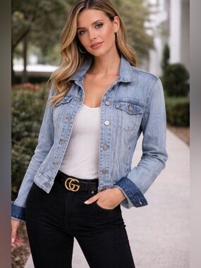 Aritzia Talula Edo Fitted Light Wash Denim Trucker Jacket